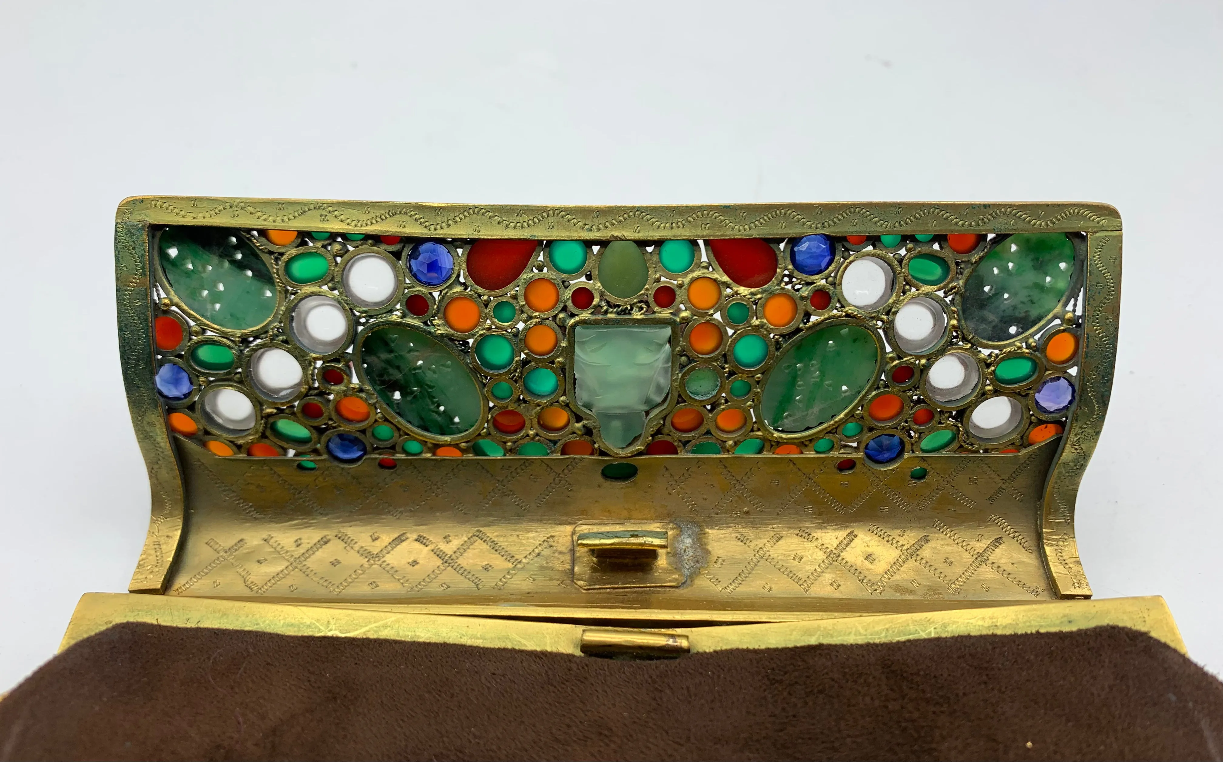 1930's Chocolate Brown Suede Bejeweled Evening Bag with Jade Buddha