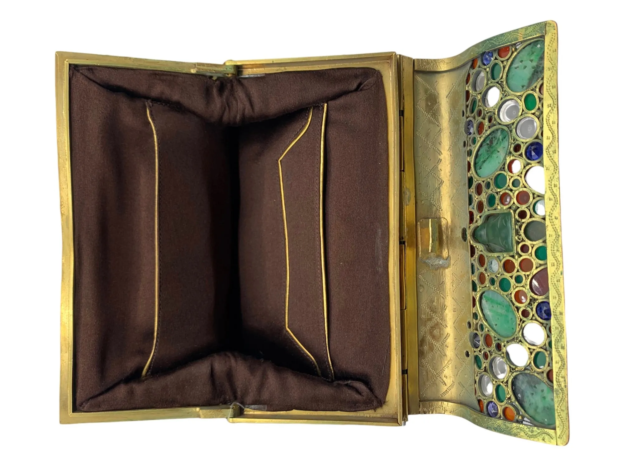1930's Chocolate Brown Suede Bejeweled Evening Bag with Jade Buddha