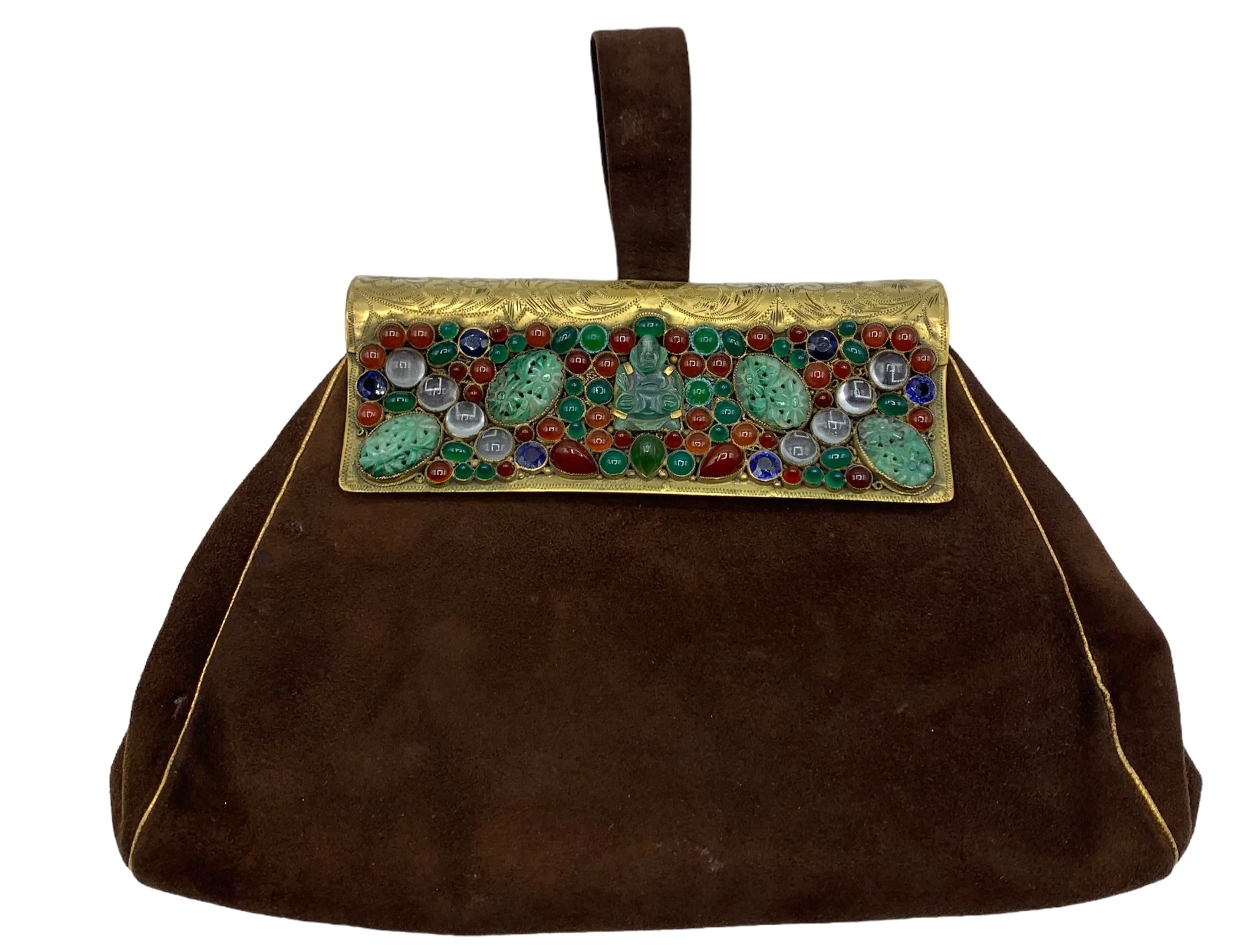 1930's Chocolate Brown Suede Bejeweled Evening Bag with Jade Buddha