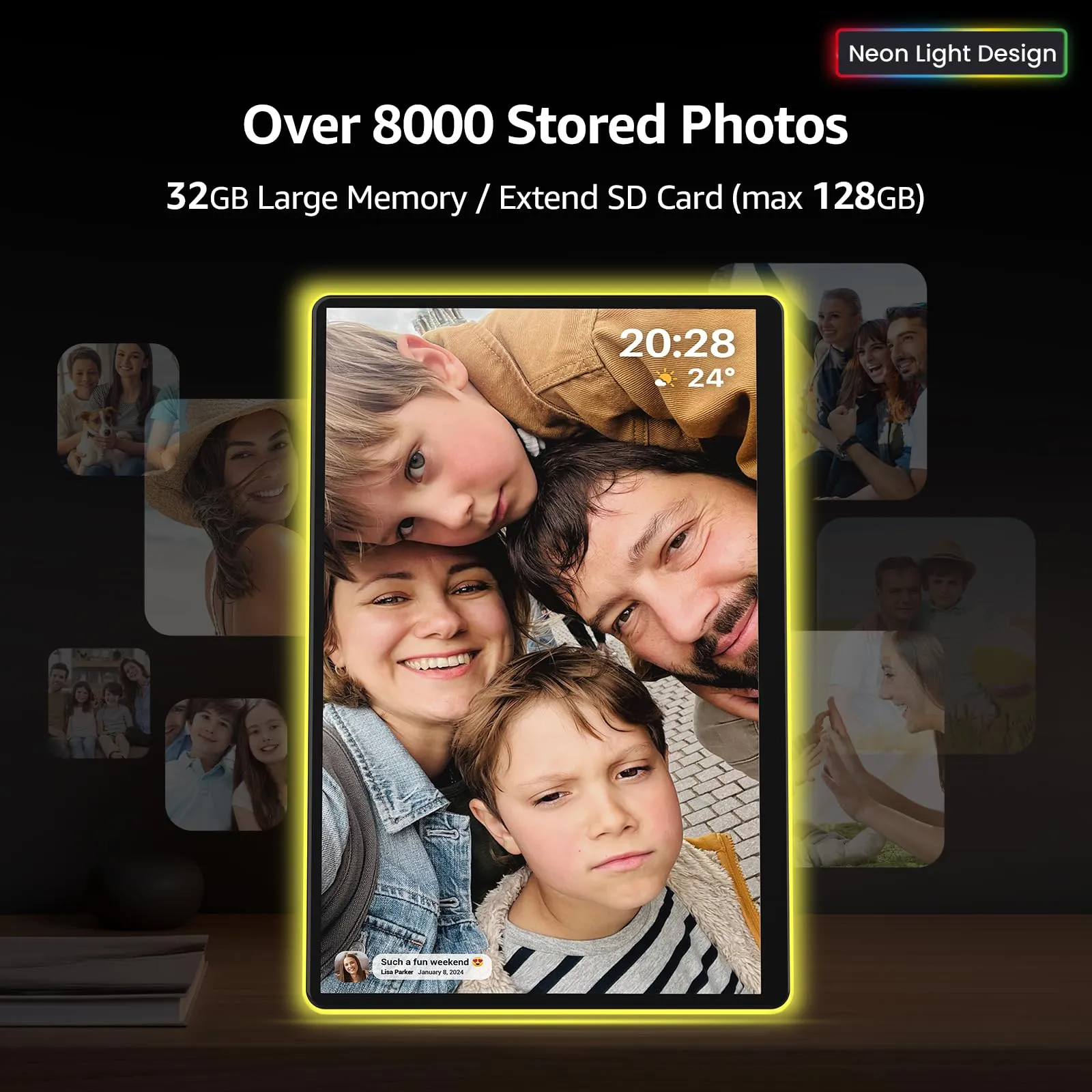 Apolosign 14.1" Neon Light Digital Frame, 32GB Storage Smart Digital Picture Frame, Easy Setup, 16:10 aspect ratio glass lamination Touch Screen, Share Moments Remotely via Frameo, Gift for Friends