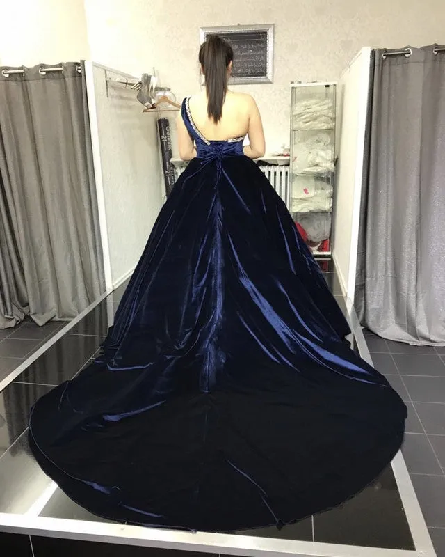 Ball Gown One Shoulder Velvet Navy Plus Size Prom Dresses with Beaded