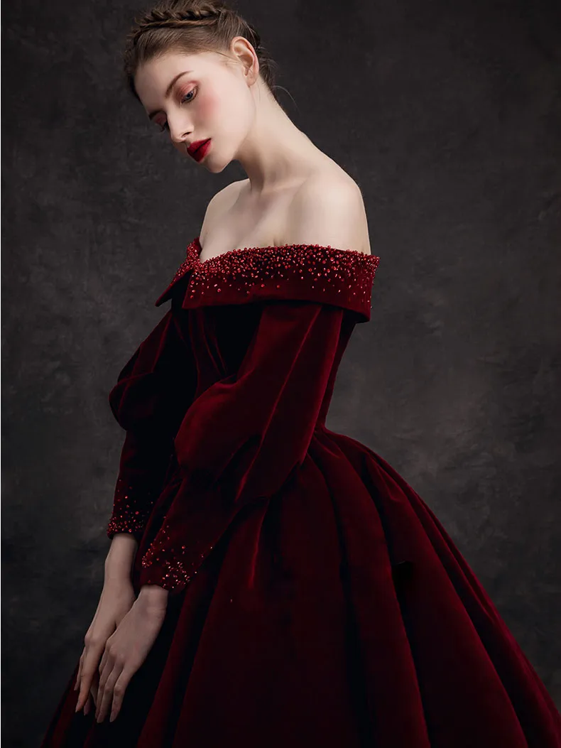 Burgundy velvet beads long prom dress, burgundy evening dress