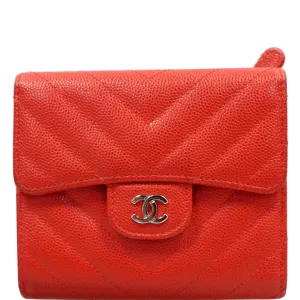 CHANEL Small Chevron Quilted Caviar Compact Flap Wallet Red