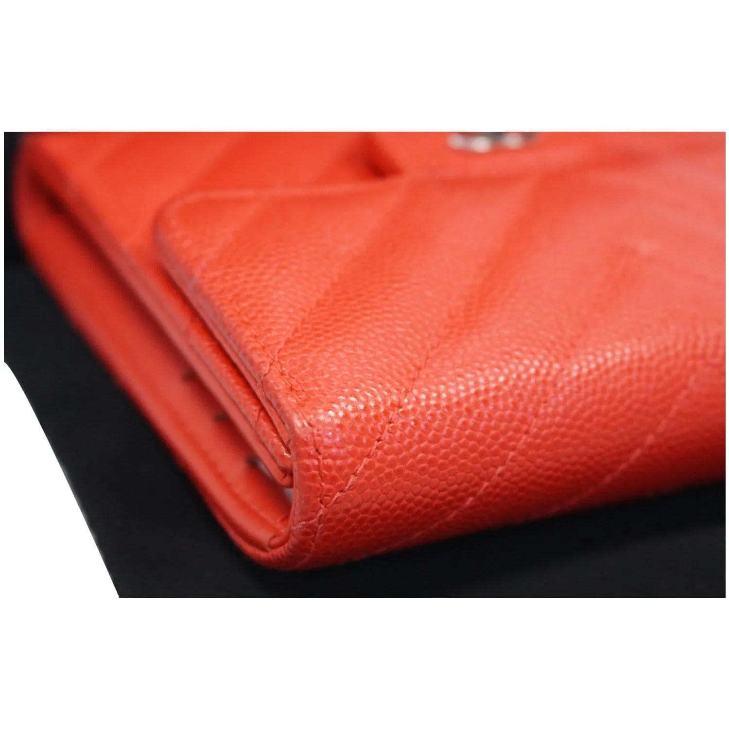 CHANEL Small Chevron Quilted Caviar Compact Flap Wallet Red