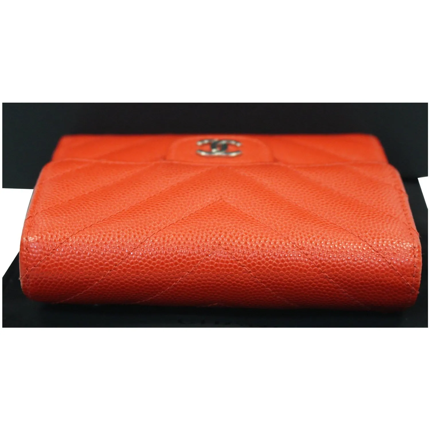 CHANEL Small Chevron Quilted Caviar Compact Flap Wallet Red