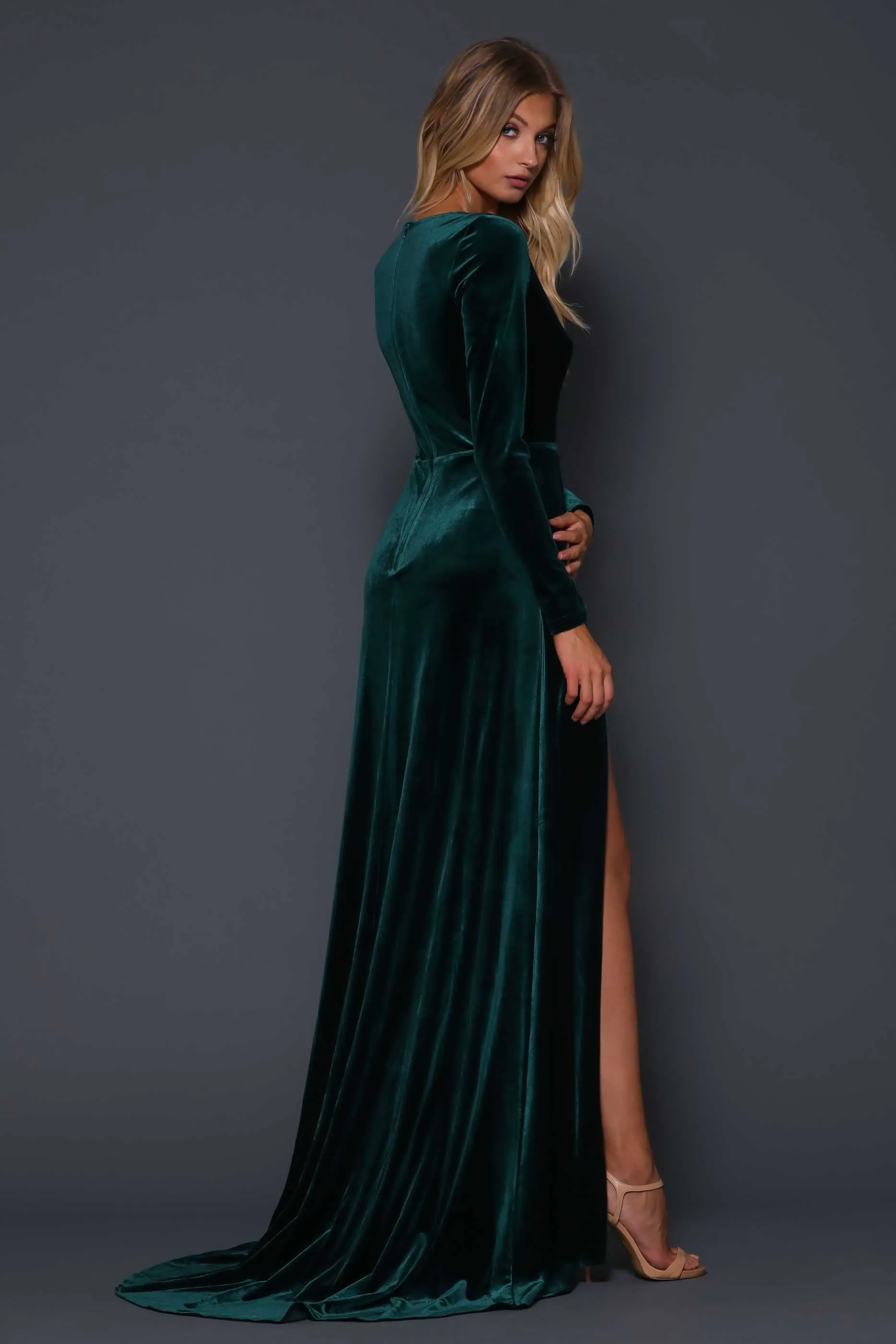 Charming A-line Velvet Long Sleeves V-neck Slit Sexy Bridesmaid Dress, FC4759