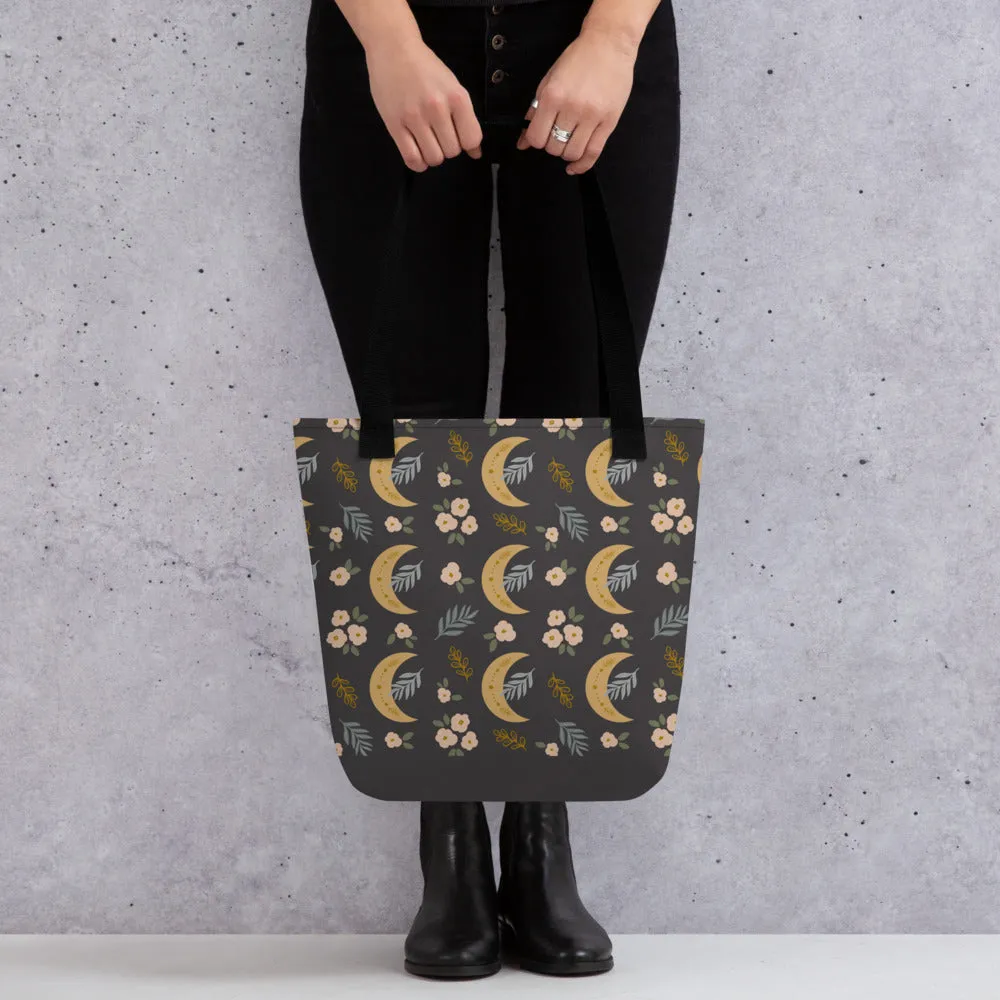 Crescent Moon Charcoal Floral Tote Bag