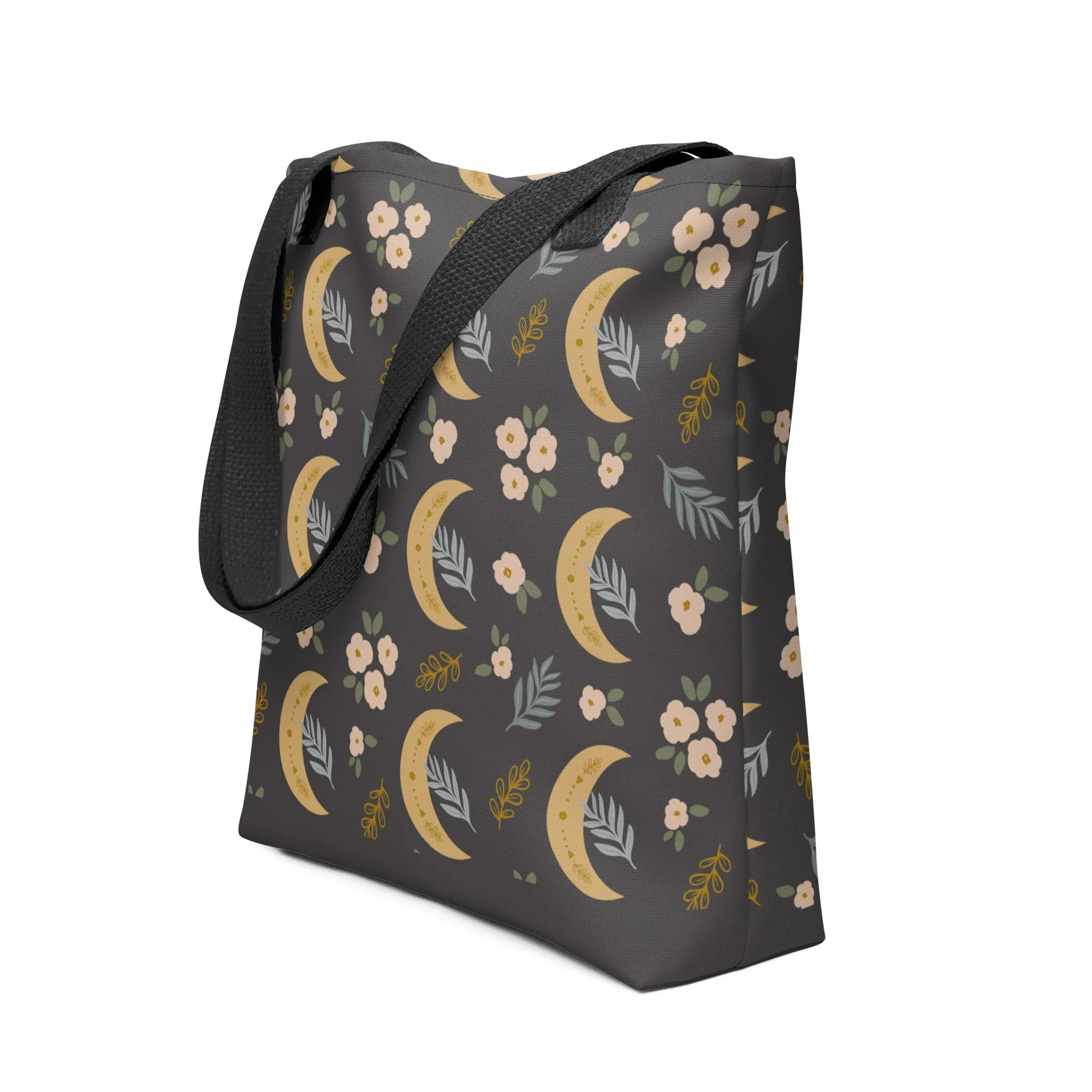 Crescent Moon Charcoal Floral Tote Bag