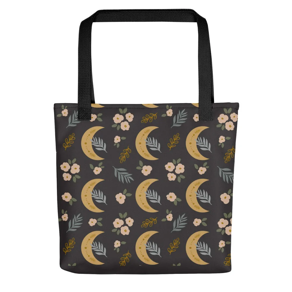 Crescent Moon Charcoal Floral Tote Bag