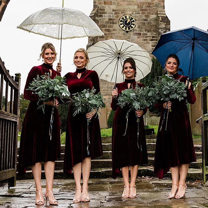 Elegant Burgundy Red Velvet Long Sleeves Tea-length A-line Bridesmaid Dress, BD3191