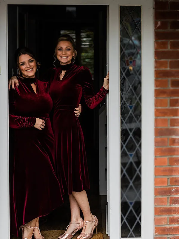 Elegant Burgundy Red Velvet Long Sleeves Tea-length A-line Bridesmaid Dress, BD3191