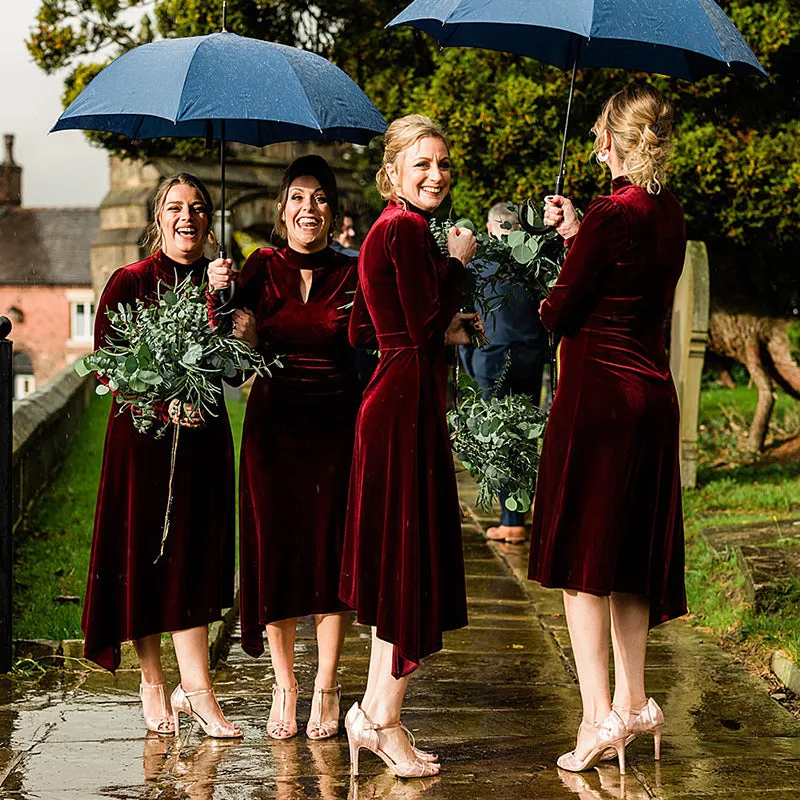 Elegant Burgundy Red Velvet Long Sleeves Tea-length A-line Bridesmaid Dress, BD3191