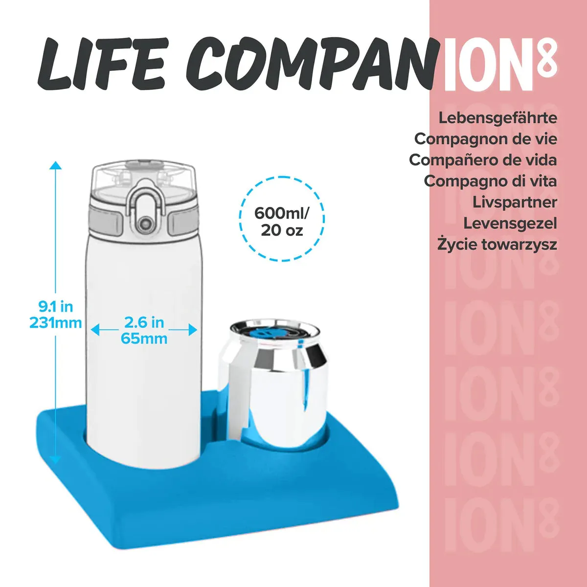 Ion8 Slim 600ml BPA Free, Water Bottle Rose