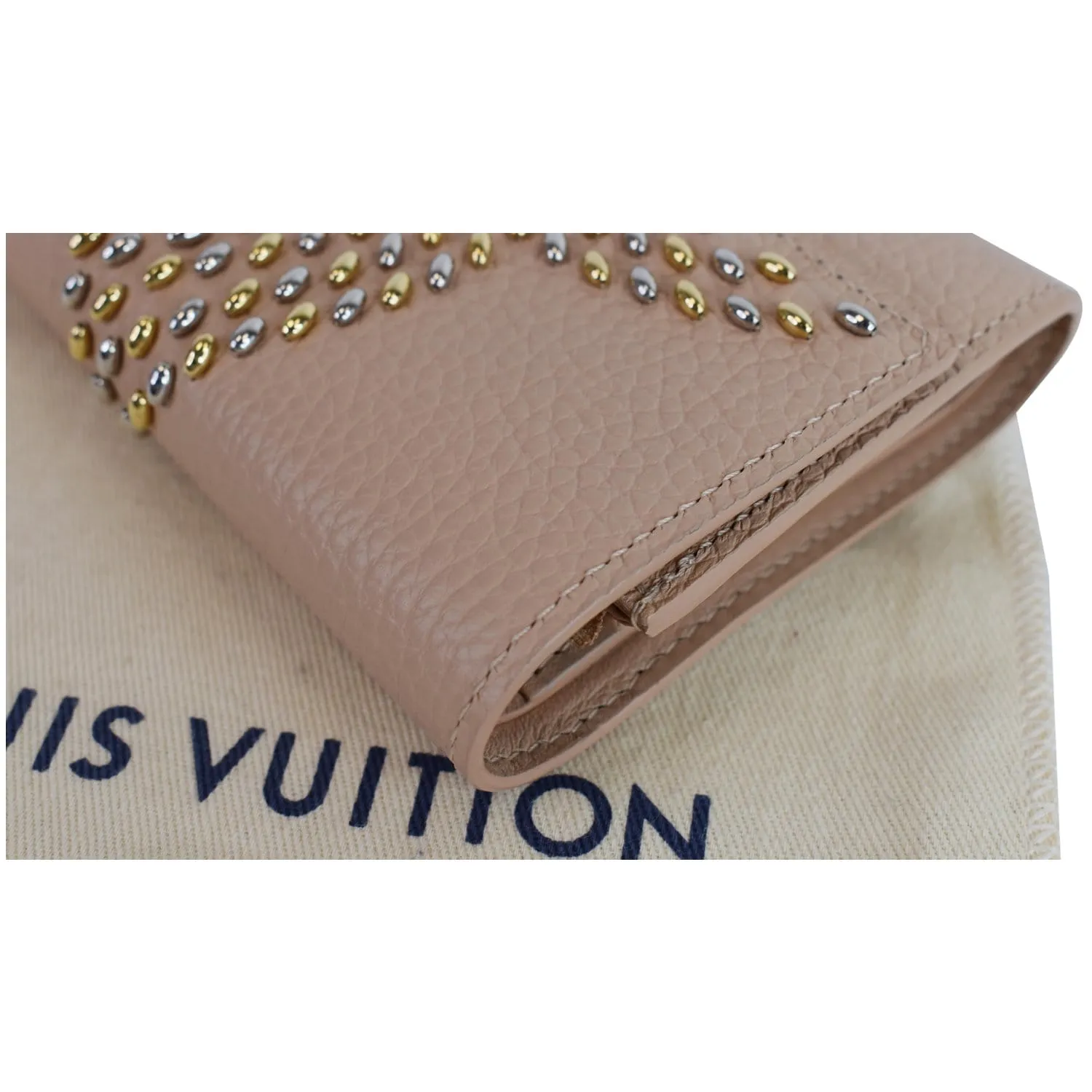 LOUIS VUITTON Capucines Studded Compact Leather Wallet Peach