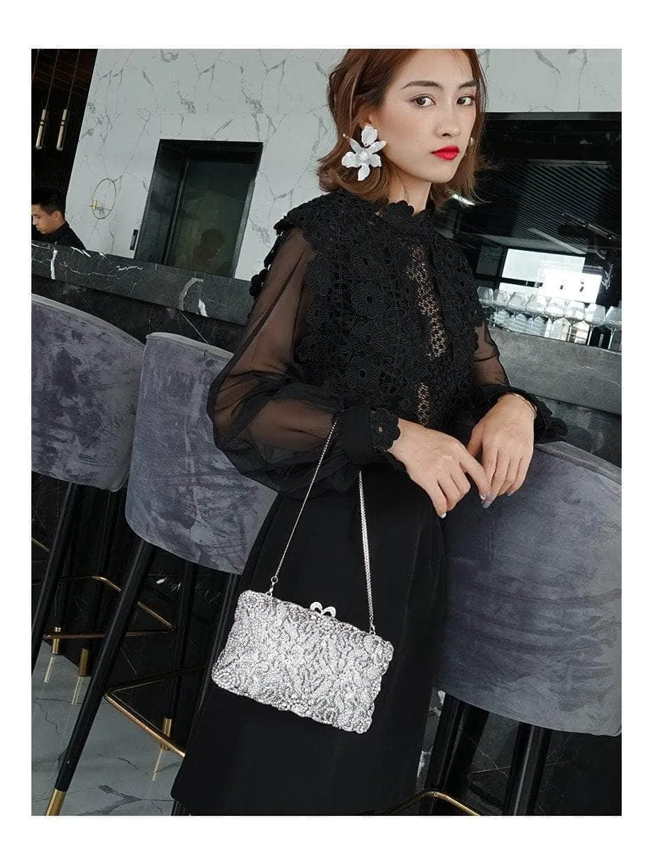 Luxurious Sparkling Floral Rhinestone Decor Purse