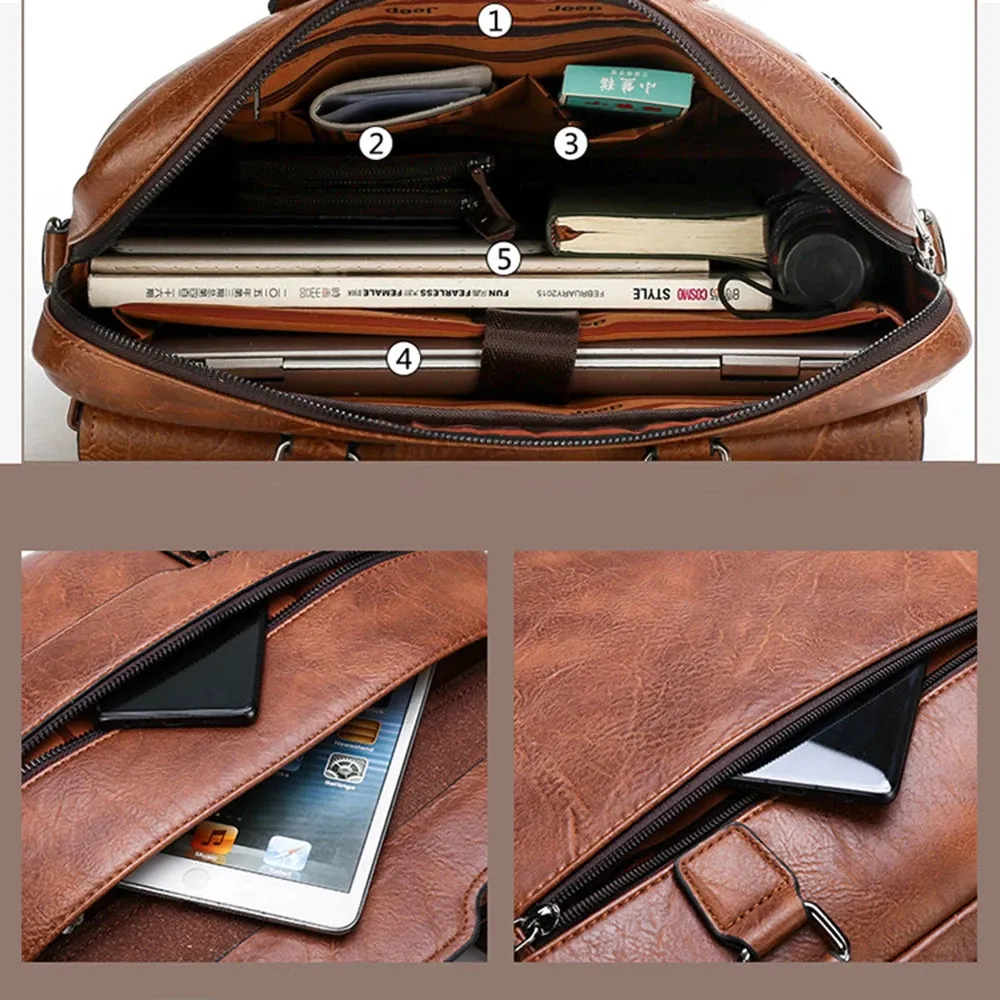 Luxury Briefcase for Men PU Leather Office Handbag Laptop Vintage Shoulder Business Messenger Crossbody Side Portafolio Bag
