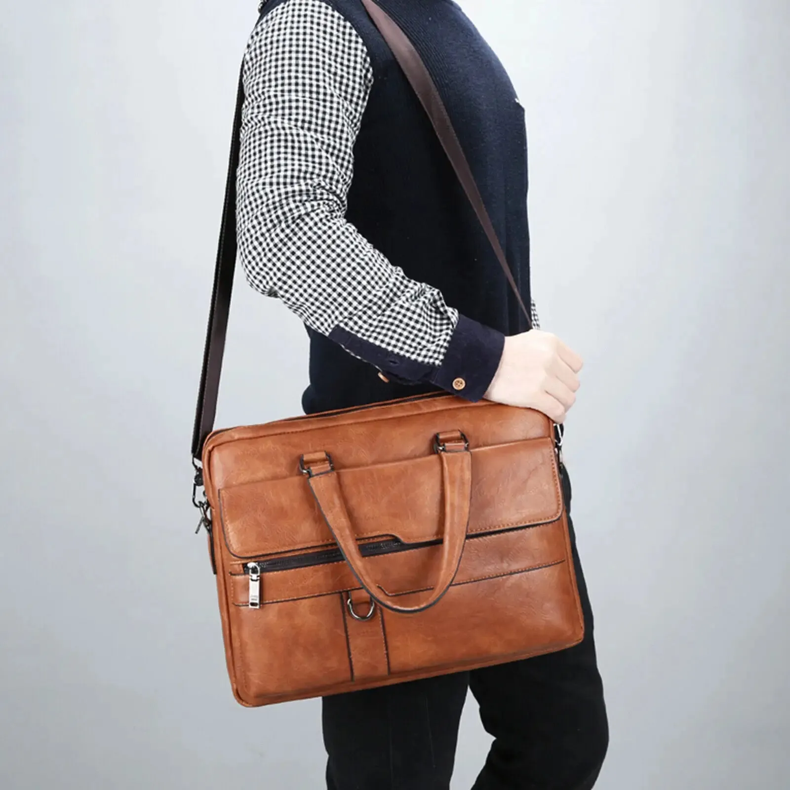 Luxury Briefcase for Men PU Leather Office Handbag Laptop Vintage Shoulder Business Messenger Crossbody Side Portafolio Bag