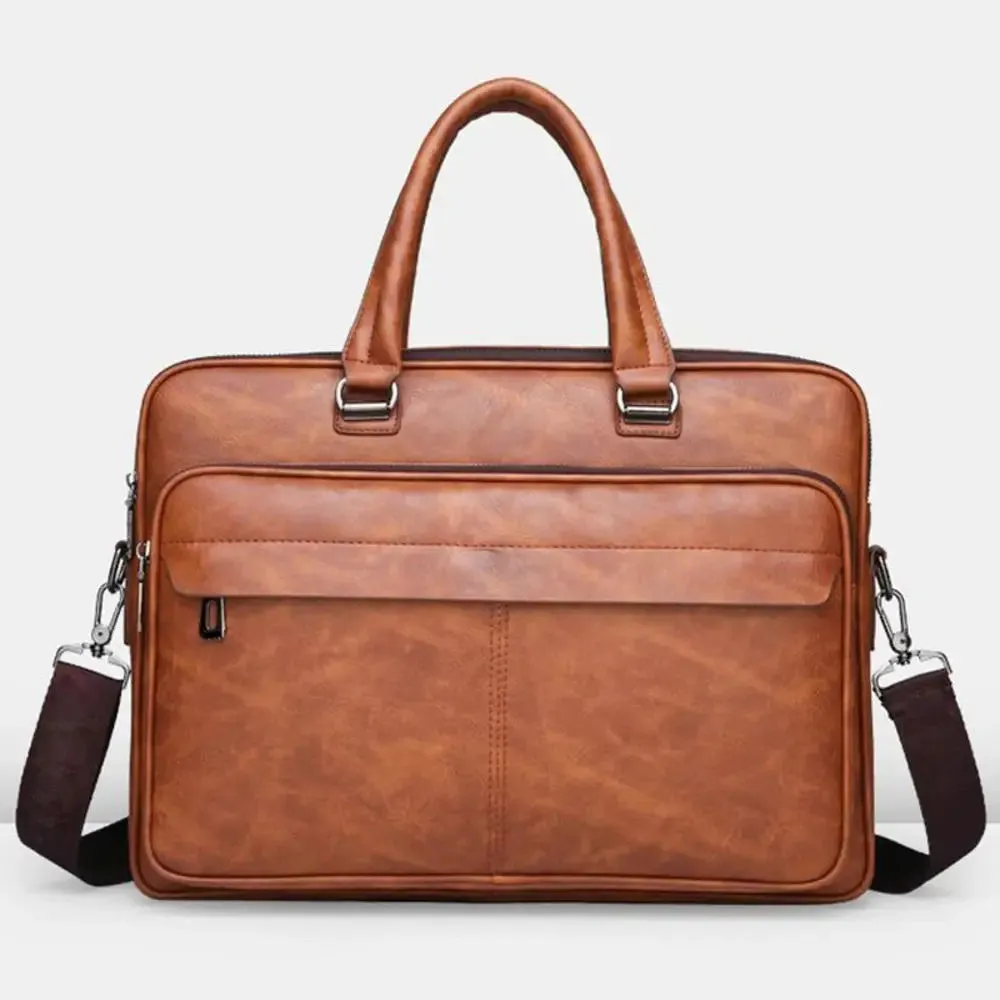 Luxury Briefcase for Men PU Leather Office Handbag Laptop Vintage Shoulder Business Messenger Crossbody Side Portafolio Bag