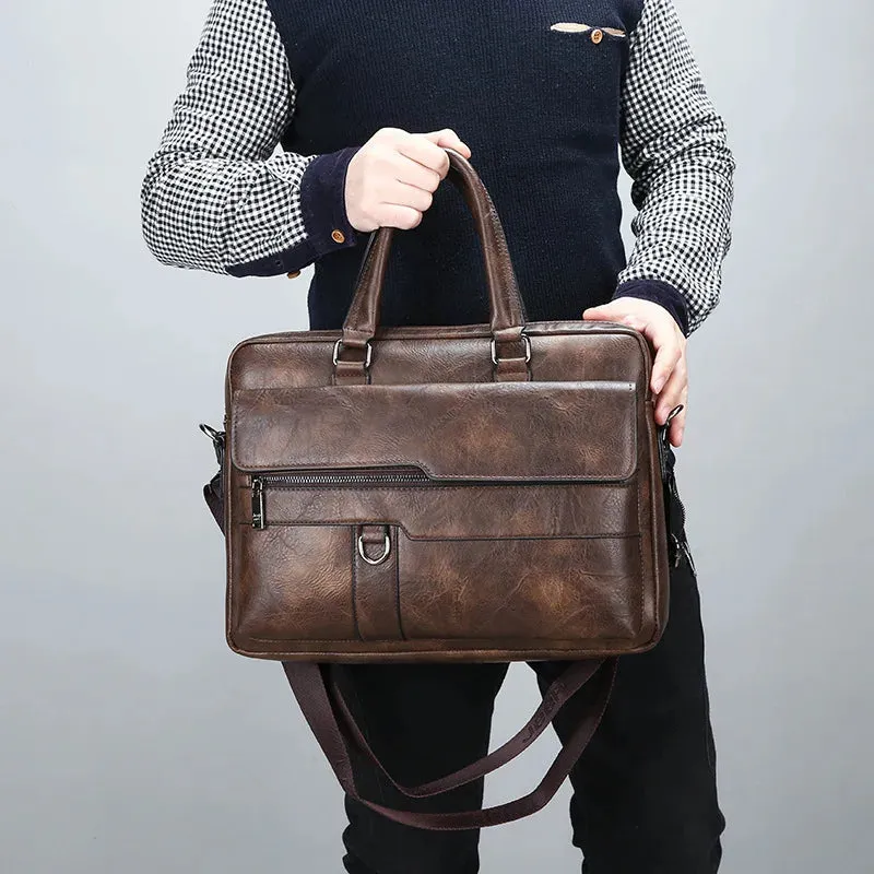 Luxury Briefcase for Men PU Leather Office Handbag Laptop Vintage Shoulder Business Messenger Crossbody Side Portafolio Bag