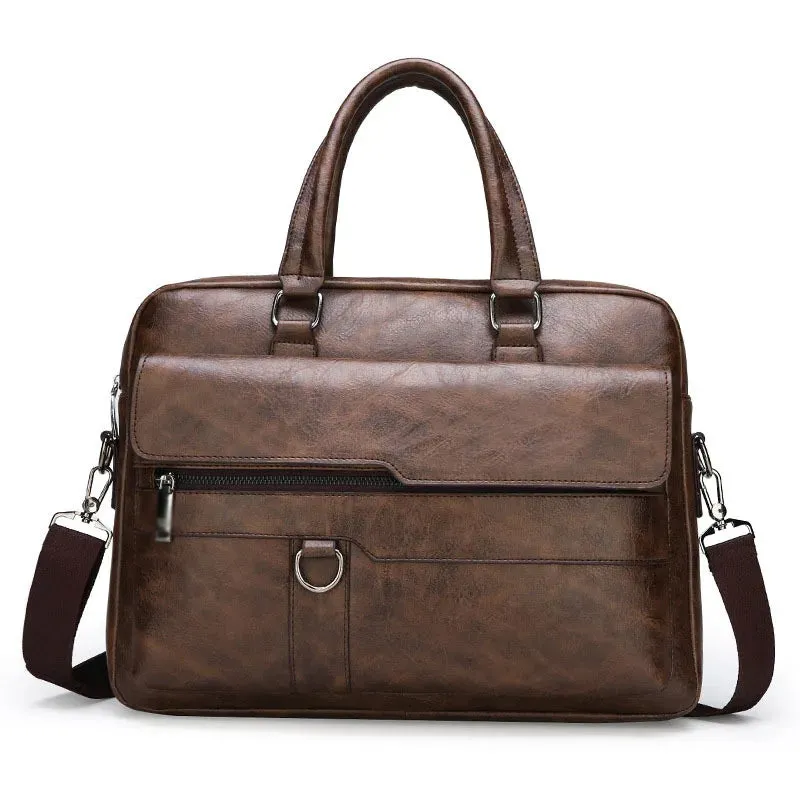Luxury Briefcase for Men PU Leather Office Handbag Laptop Vintage Shoulder Business Messenger Crossbody Side Portafolio Bag
