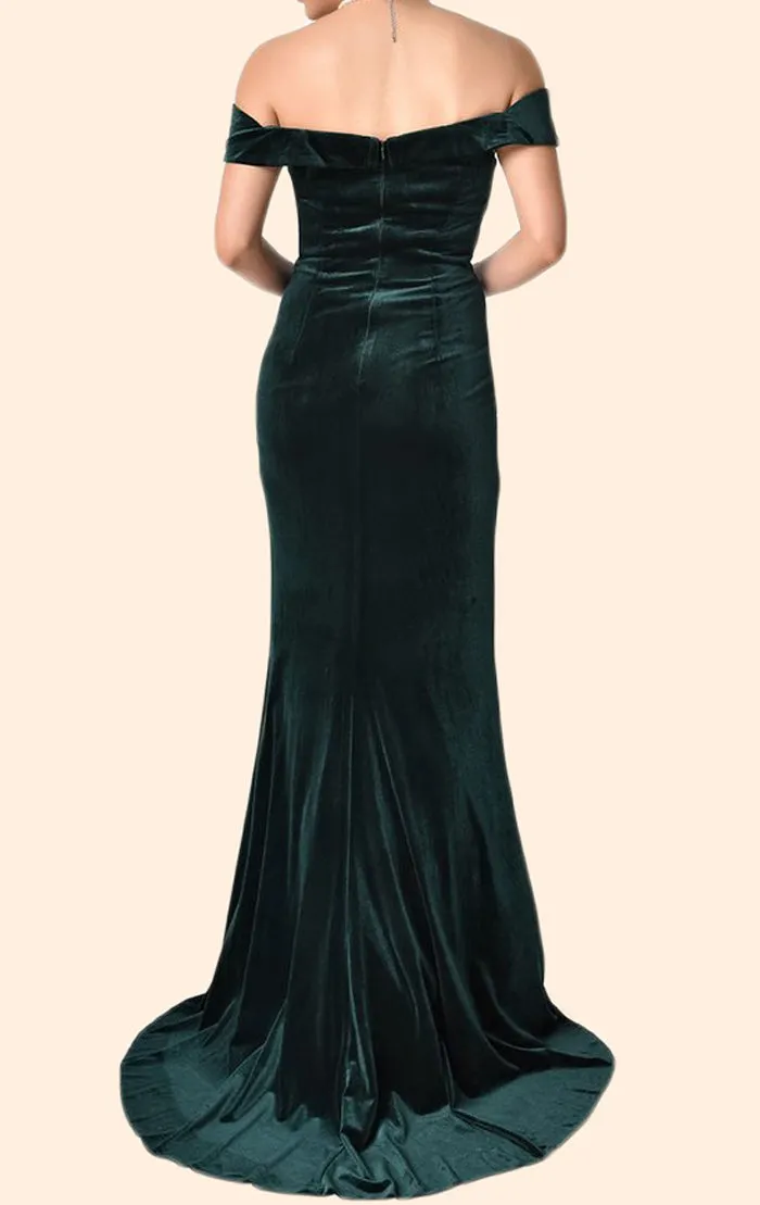 MACloth Off the Shoulder Sheath Long Prom Dress Velvet Formal Evening Gown