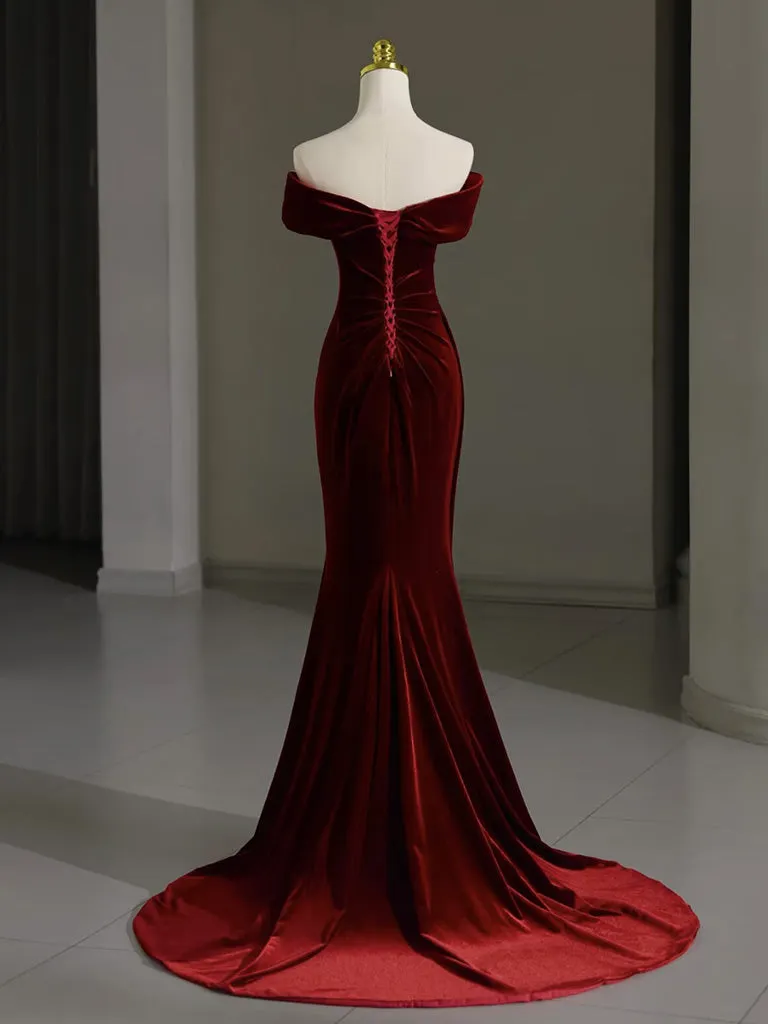Mermaid Velvet Burgundy Long Prom Dress, Burgundy Long Formal Dress