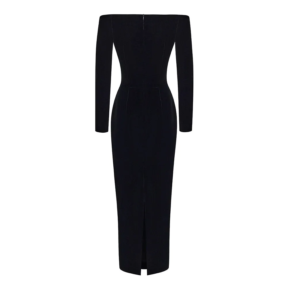 Off Shoulder Long Sleeve Plain Maxi Dress KLYF1293