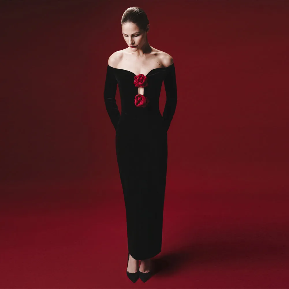 Off Shoulder Long Sleeve Plain Maxi Dress KLYF1293