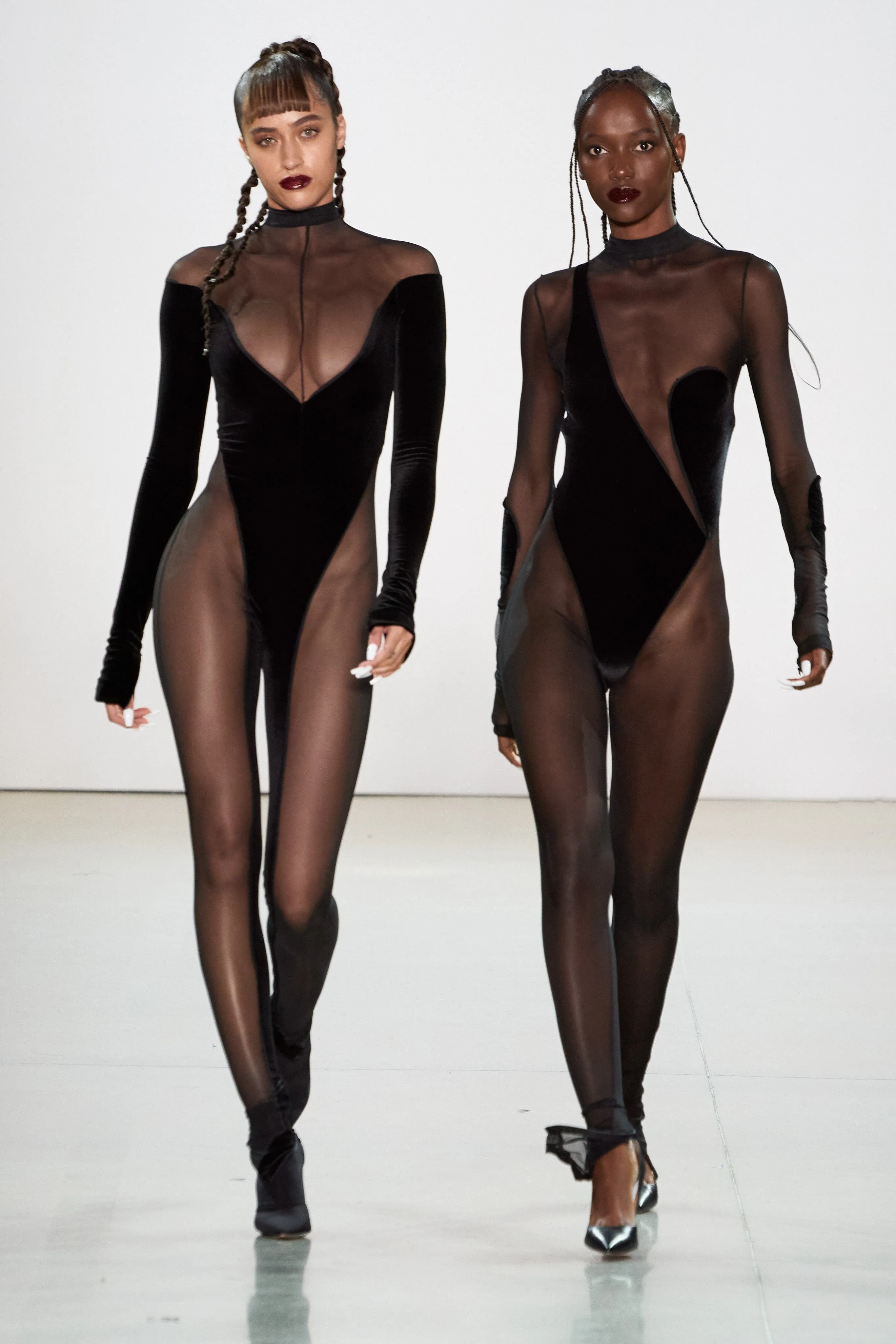 Off the Shoulder Sheer and Velvet Catsuit