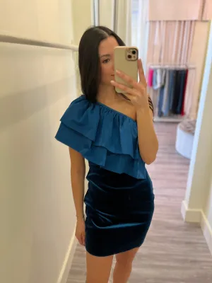 ON4894 One shoulder teal velvet mini dress