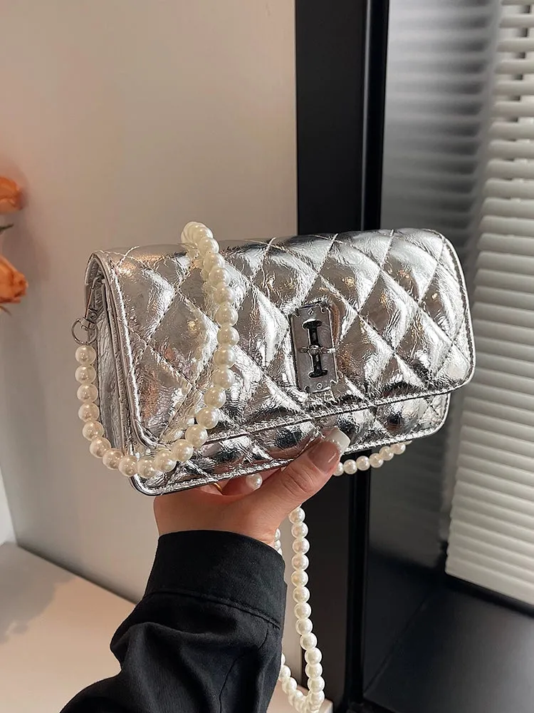 Pearl Strap Quilted Small Square Bag