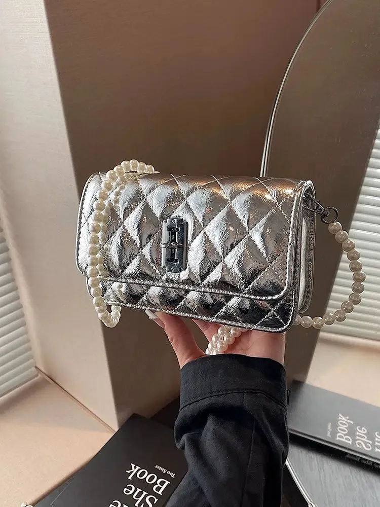 Pearl Strap Quilted Small Square Bag