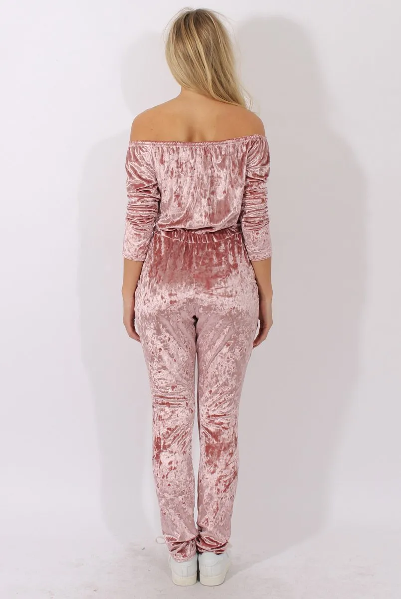 Pink Crushed Velvet Bardot Split Knee Jumpsuit - Binky