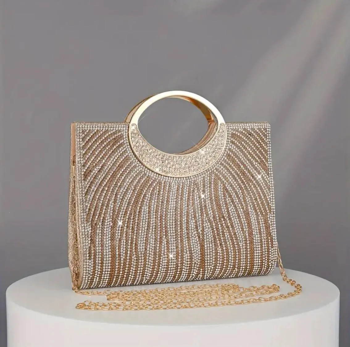 Rhinestones Top Handle Champagne Clutch Purse