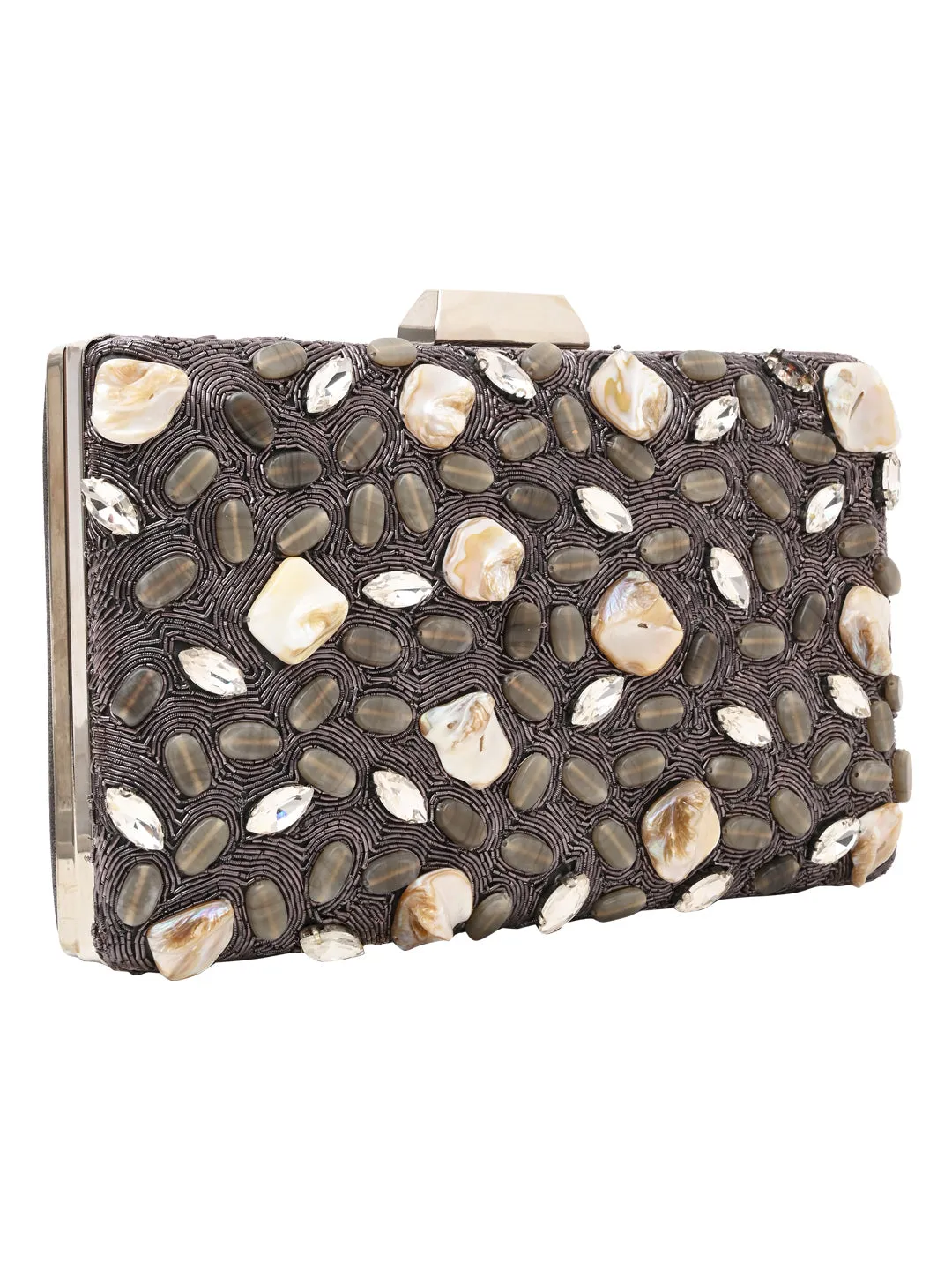 Rocia By Regal Grey Women Mother Of Pearl Hand Embroidered Clutch
