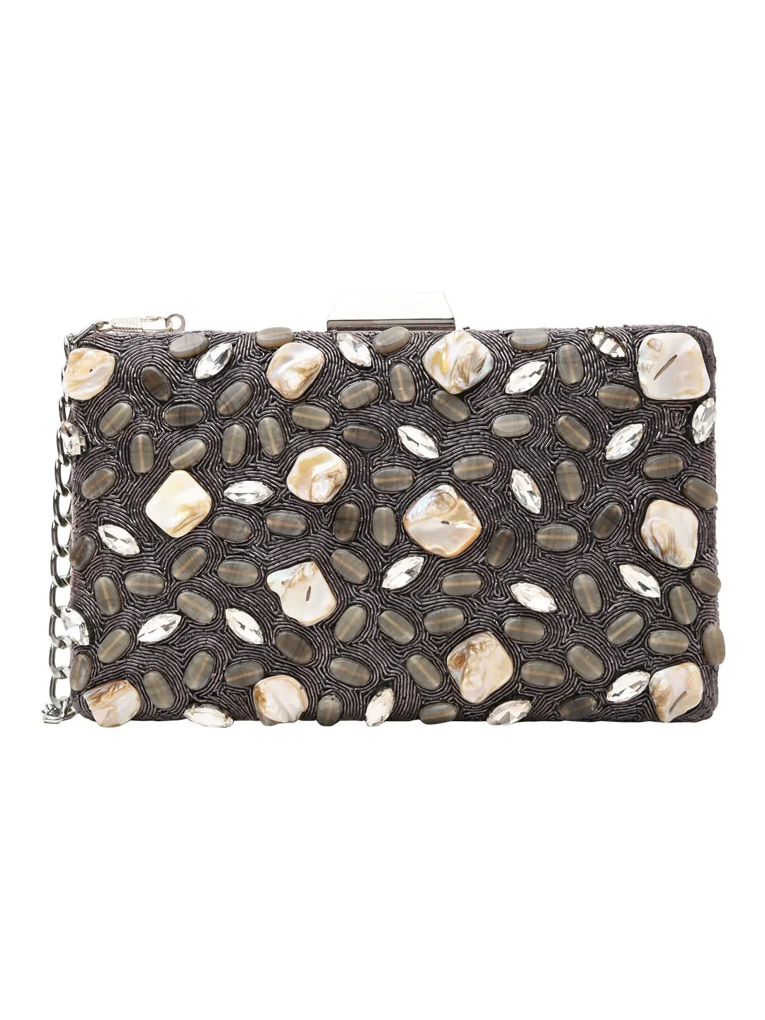 Rocia By Regal Grey Women Mother Of Pearl Hand Embroidered Clutch