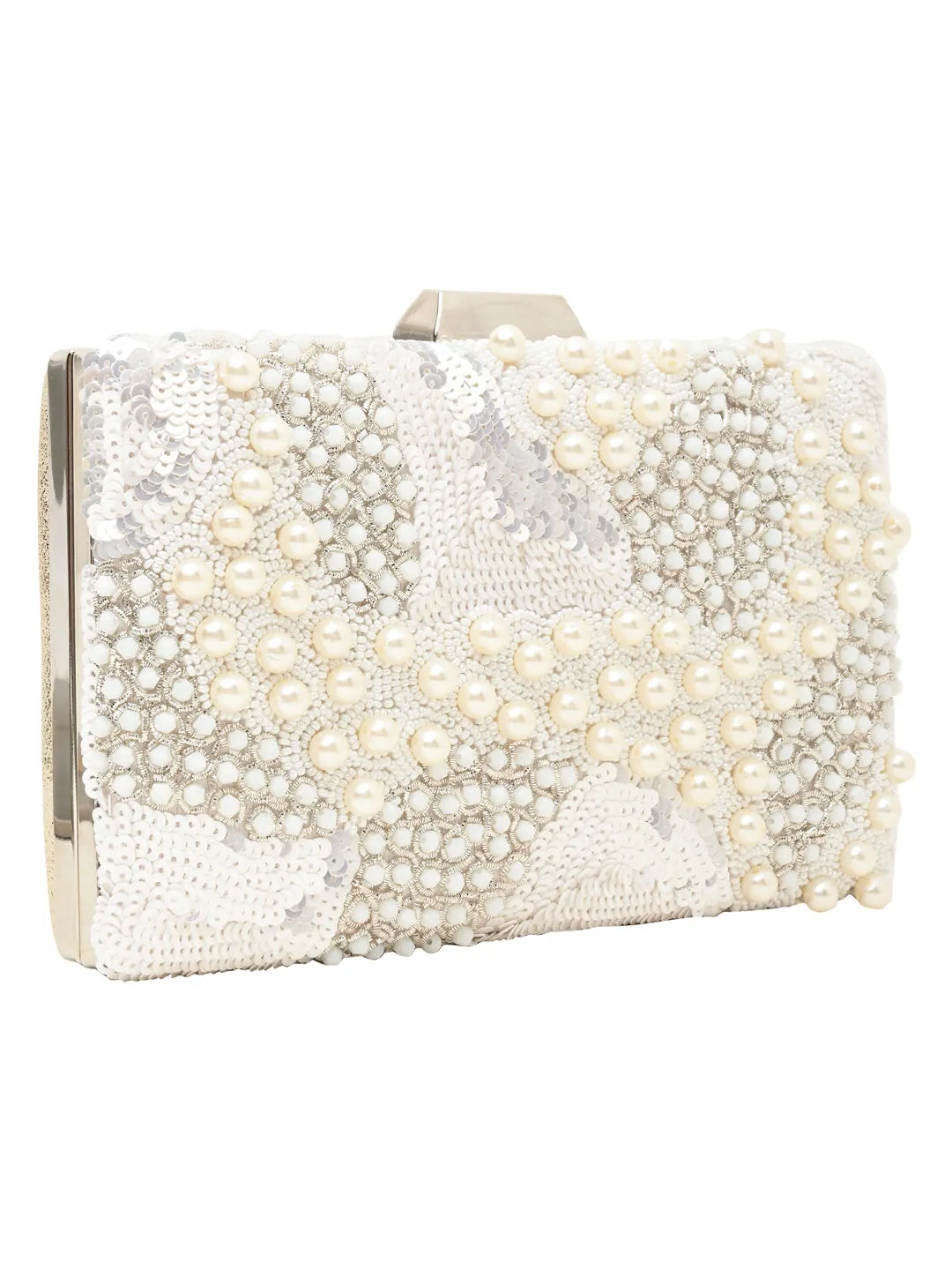 Rocia By Regal Ivory Women Heavy Hand Embroidered Metal Clutch