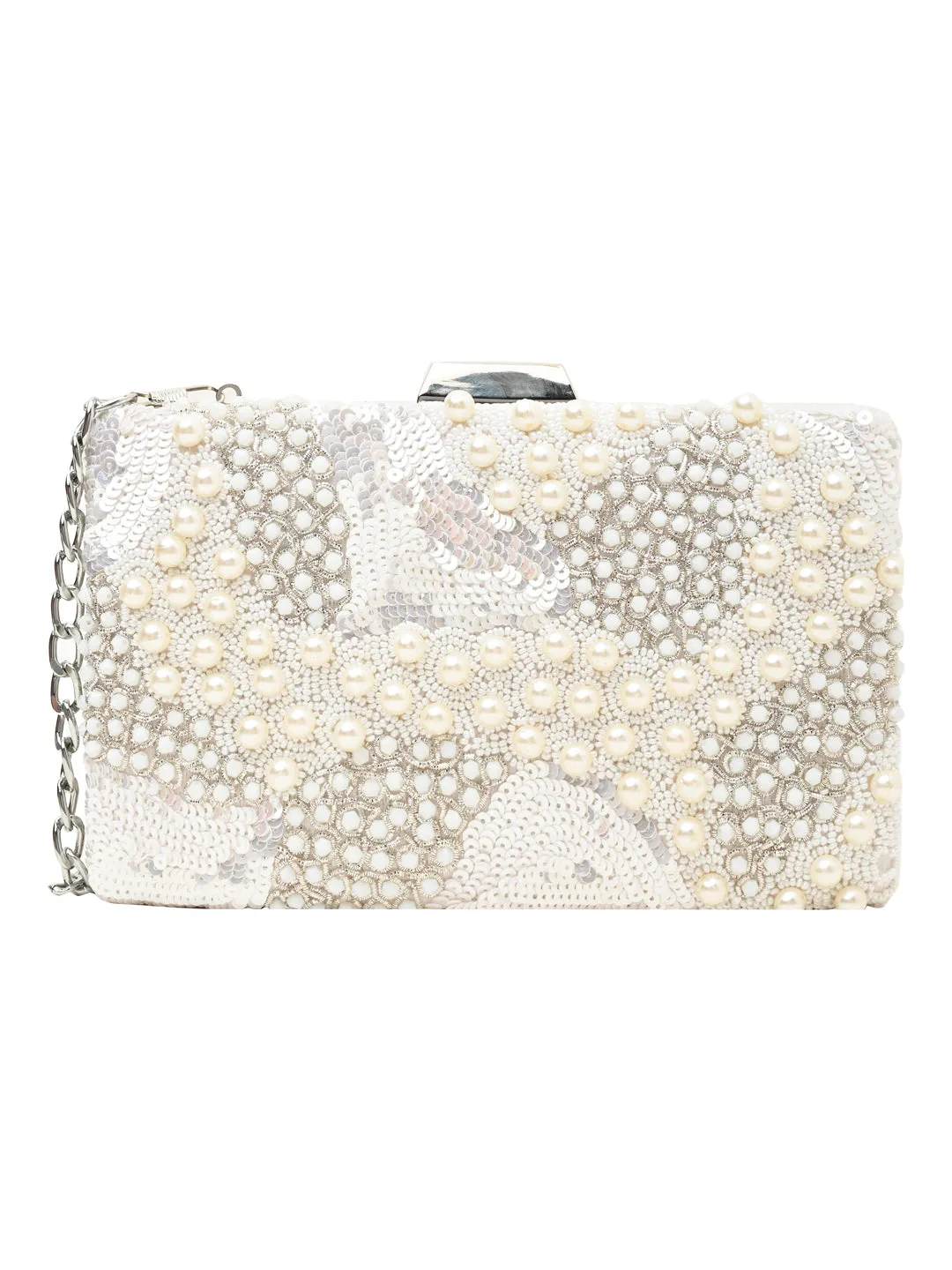 Rocia By Regal Ivory Women Heavy Hand Embroidered Metal Clutch
