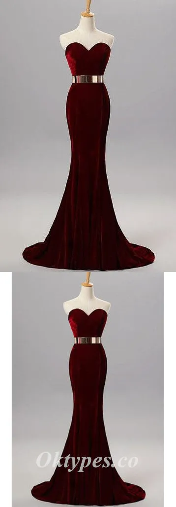 Sexy Burgandy Velvet Sweetheart Sleeveless Mermaid Long Prom Dresses With Metal Belt,PDS0546