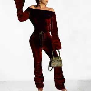 Solid Velvet Off Shoulder Drawstring  Stacket Long Sleeve Jumpsuit