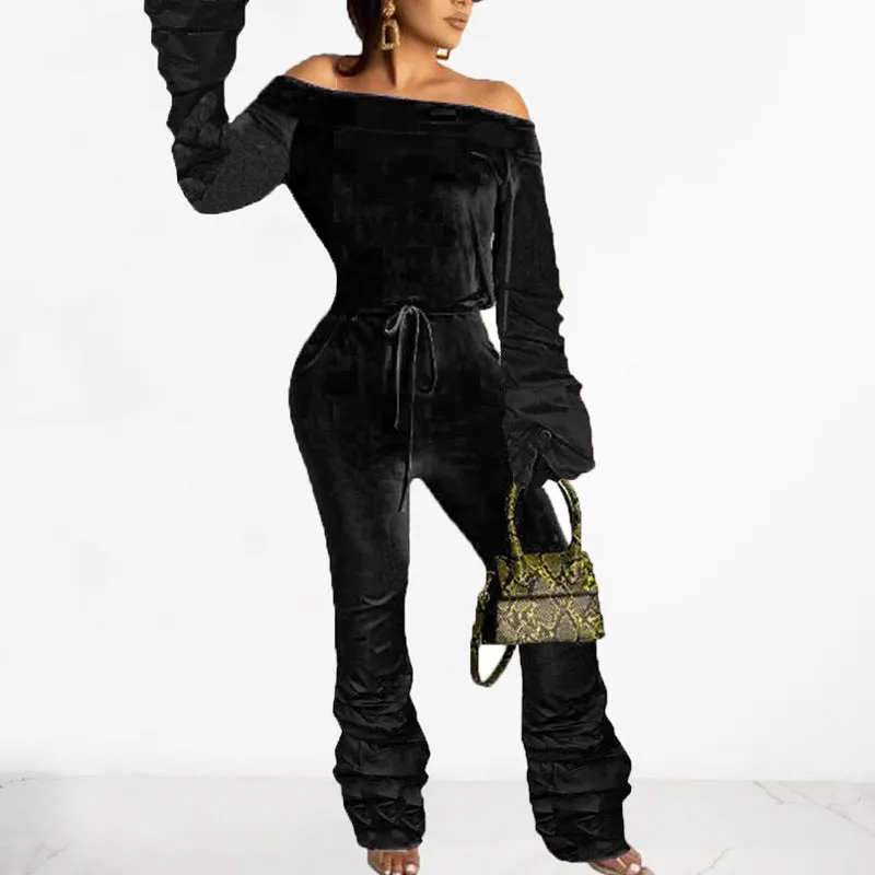 Solid Velvet Off Shoulder Drawstring  Stacket Long Sleeve Jumpsuit