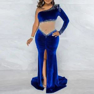 Velvet Rhinestone One Shoulder Sheer Mesh Patchwork High Slit Maxi Dress