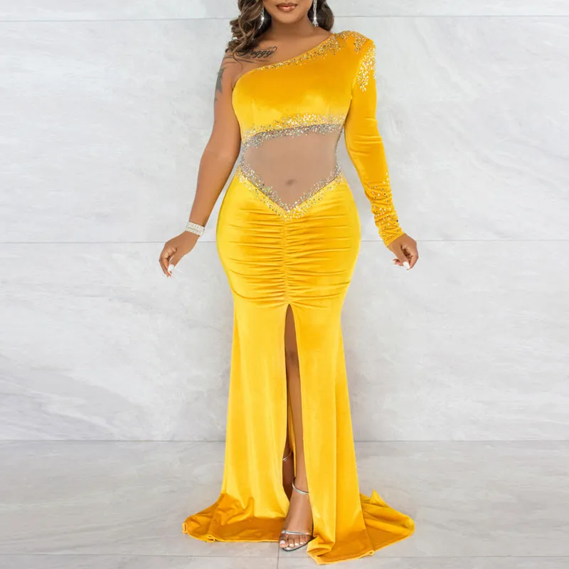 Velvet Rhinestone One Shoulder Sheer Mesh Patchwork High Slit Maxi Dress