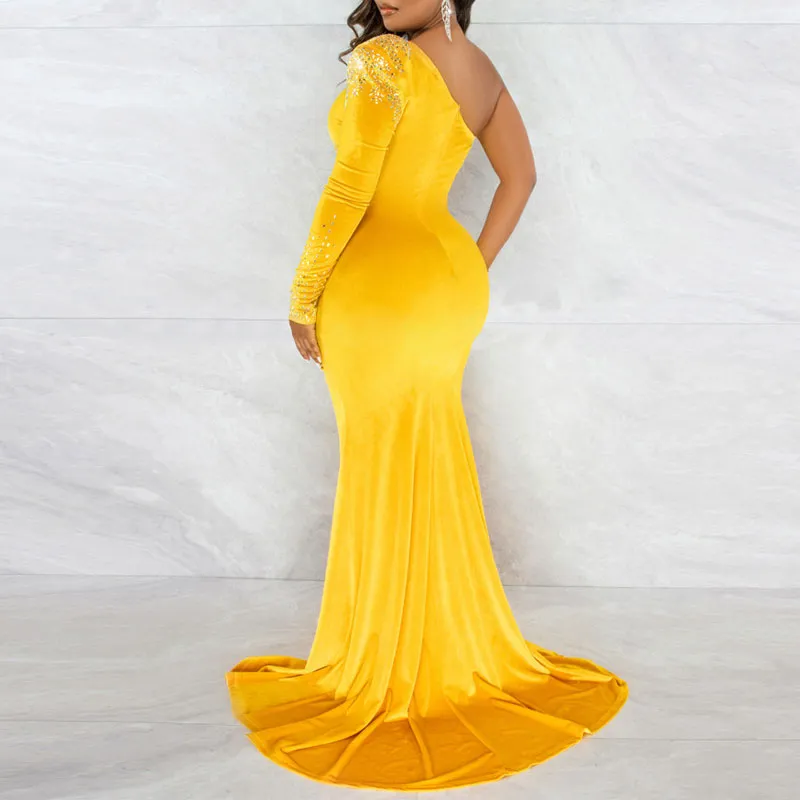 Velvet Rhinestone One Shoulder Sheer Mesh Patchwork High Slit Maxi Dress