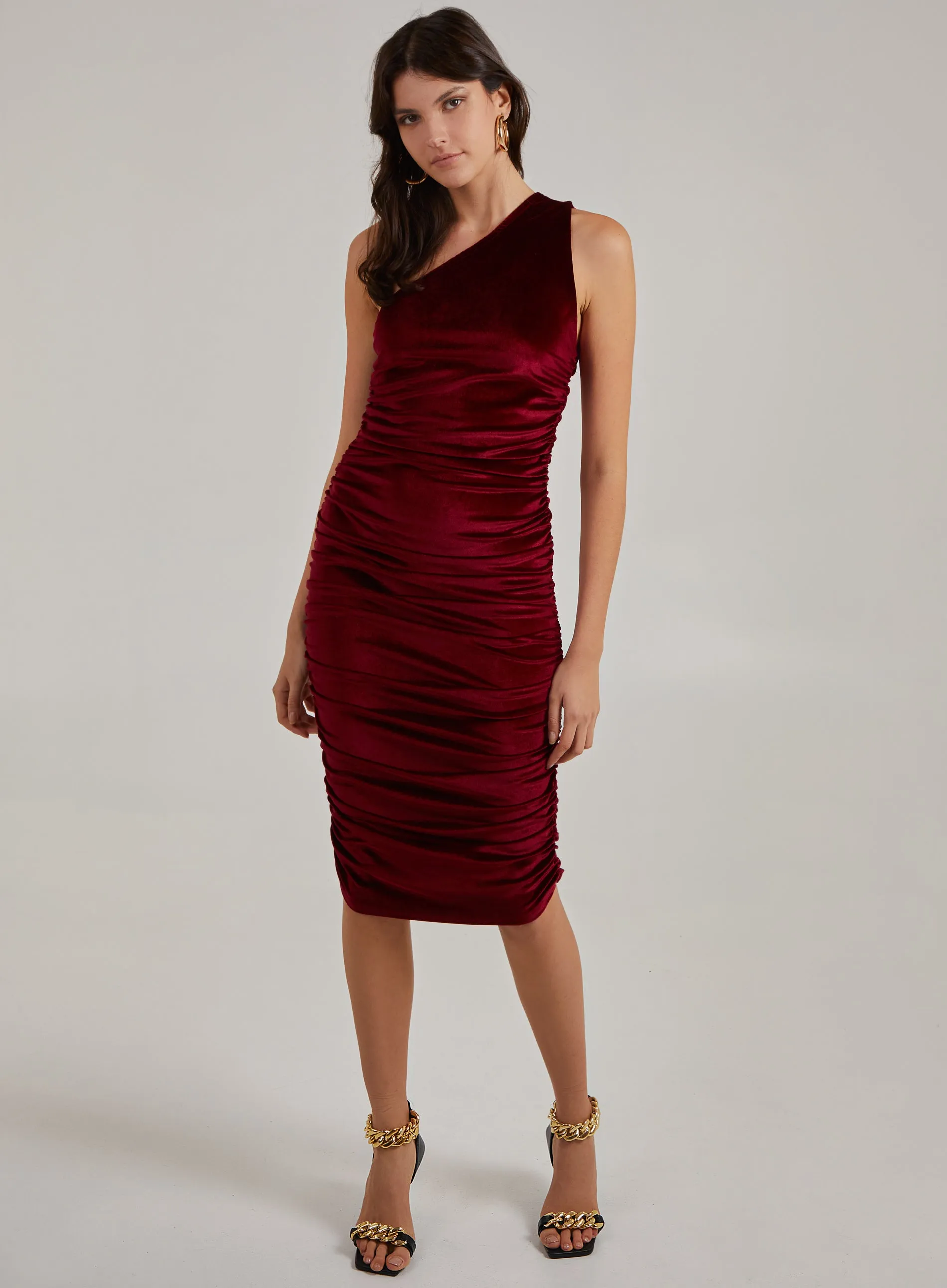 Velvet Ruched One Shoulder Midi Dress