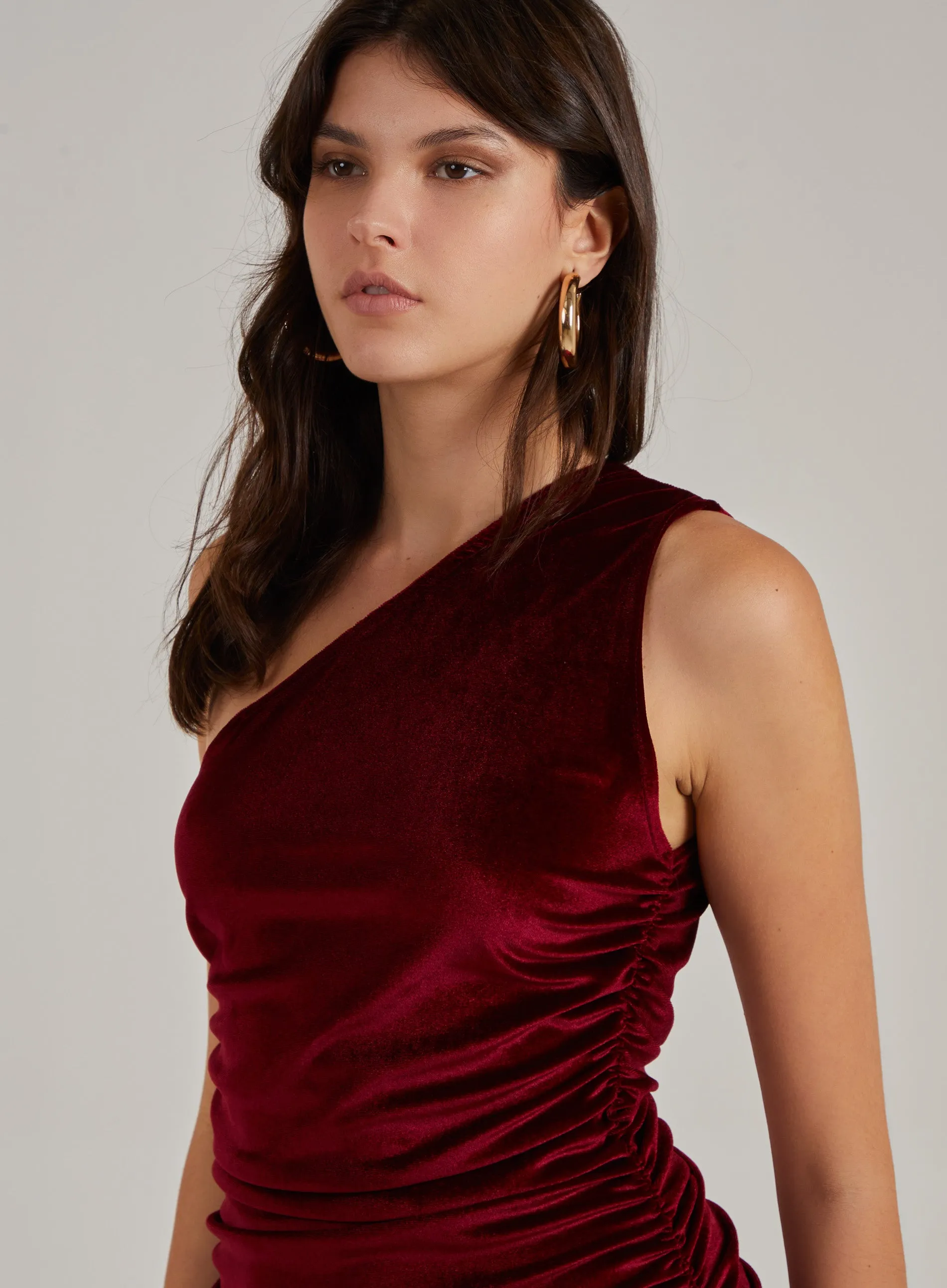 Velvet Ruched One Shoulder Midi Dress