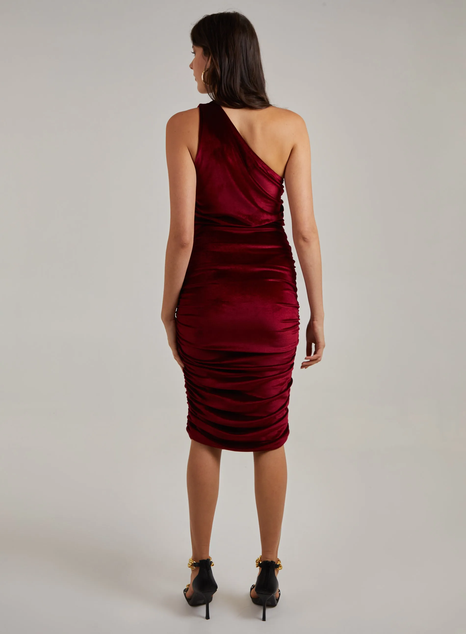 Velvet Ruched One Shoulder Midi Dress