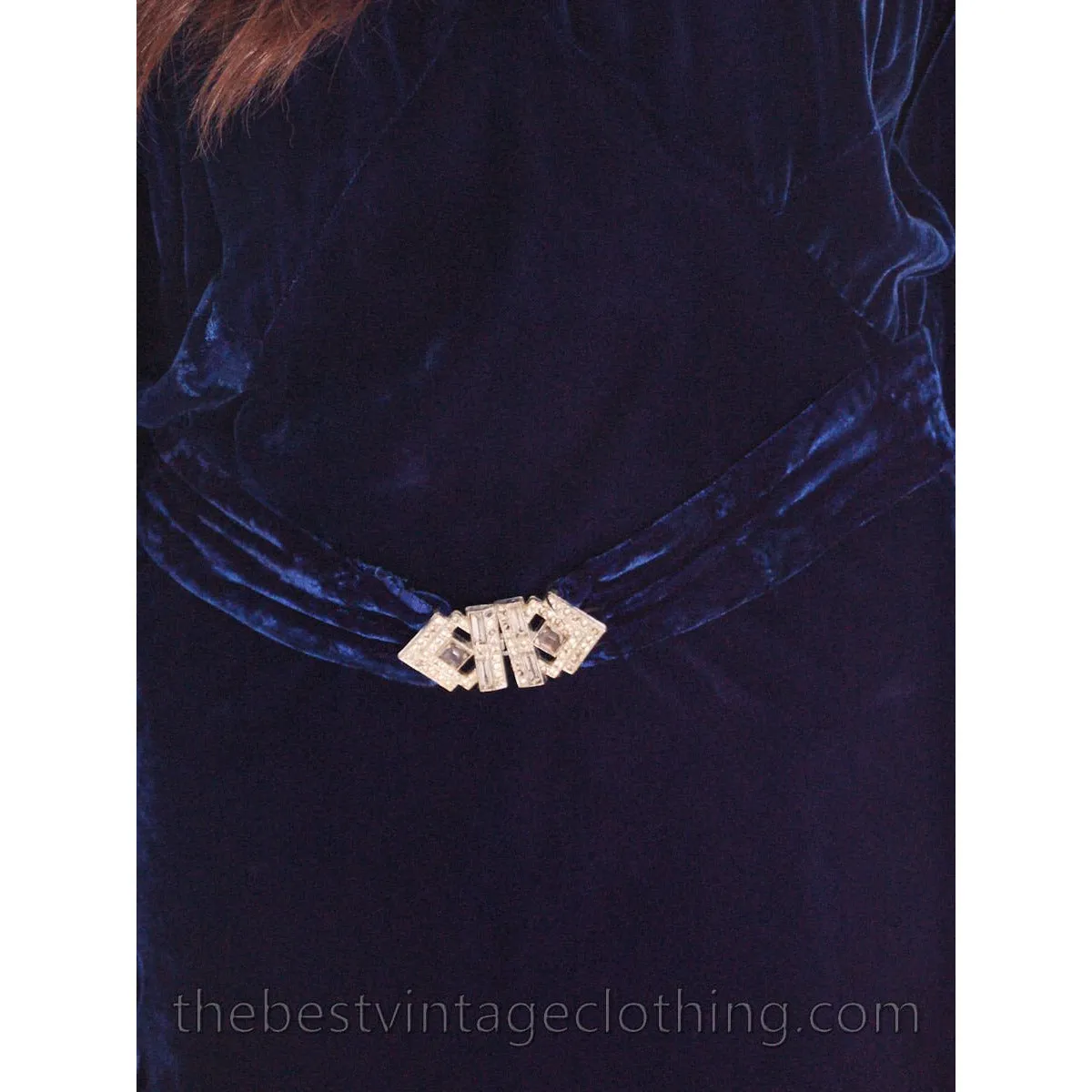 Vintage Womens 1930s Silk Velvet Evening Gown Cold Shoulder Bias Cut S  Sapphire Blue 36-28-36