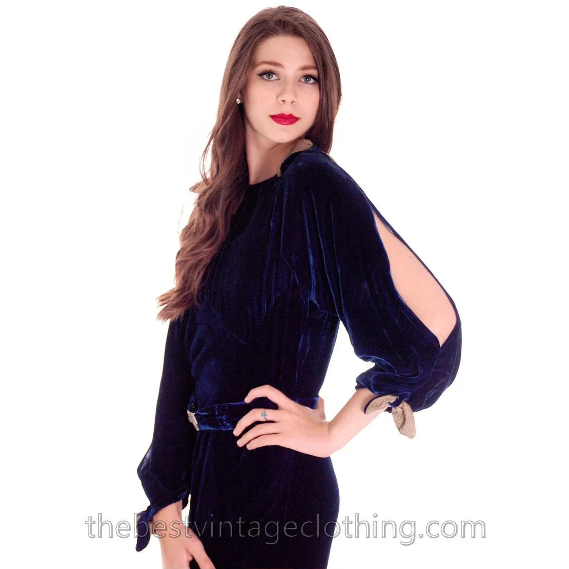 Vintage Womens 1930s Silk Velvet Evening Gown Cold Shoulder Bias Cut S  Sapphire Blue 36-28-36