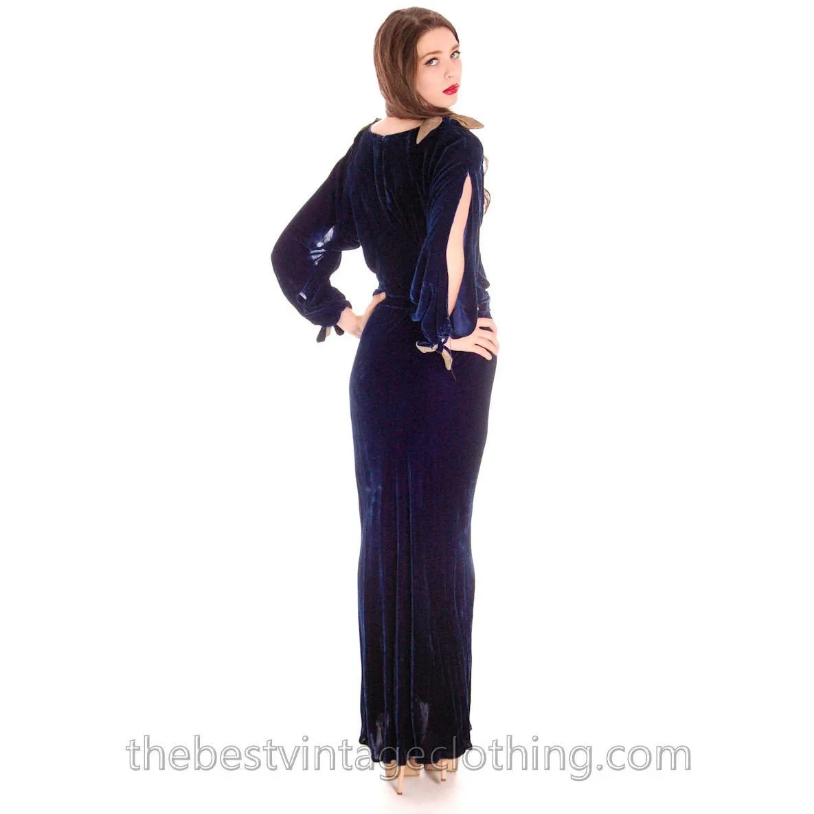 Vintage Womens 1930s Silk Velvet Evening Gown Cold Shoulder Bias Cut S  Sapphire Blue 36-28-36